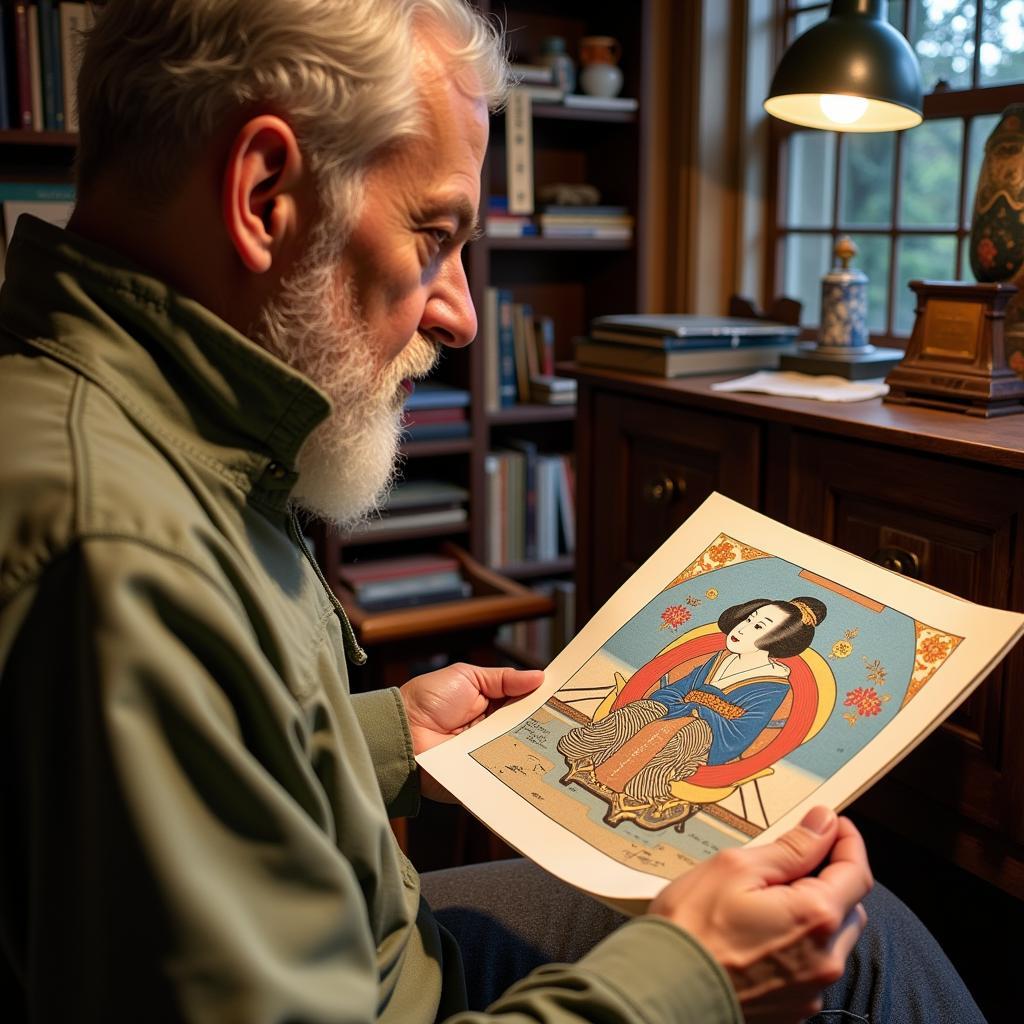 A Collector Examining a Kunisada Fan Print