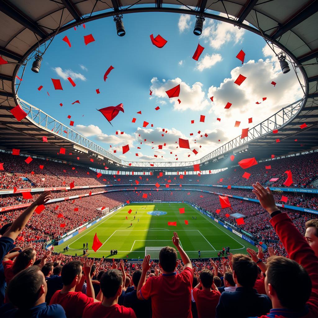 Fans waving colorful flags in a packed football stadium