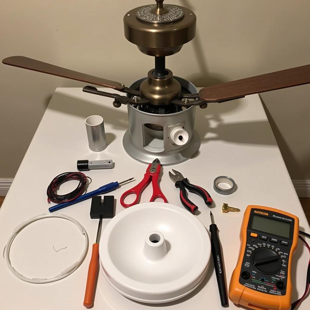 Common ceiling fan problems like wobbling, noise, and light issues can be easily fixed with troubleshooting. This image shows a variety of tools and materials that might be needed for ceiling fan repair.