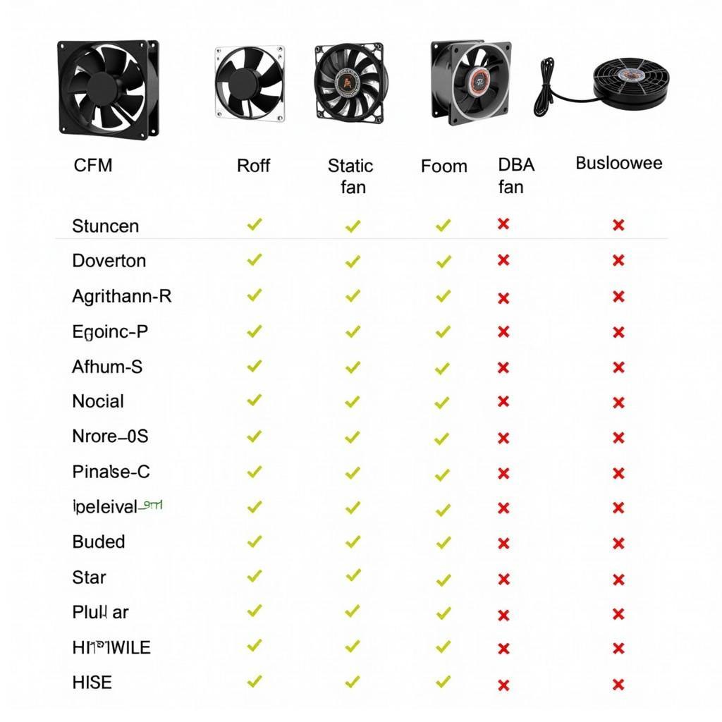 Comparison chart of different 9cm fans showing CFM, static pressure, and noise levels