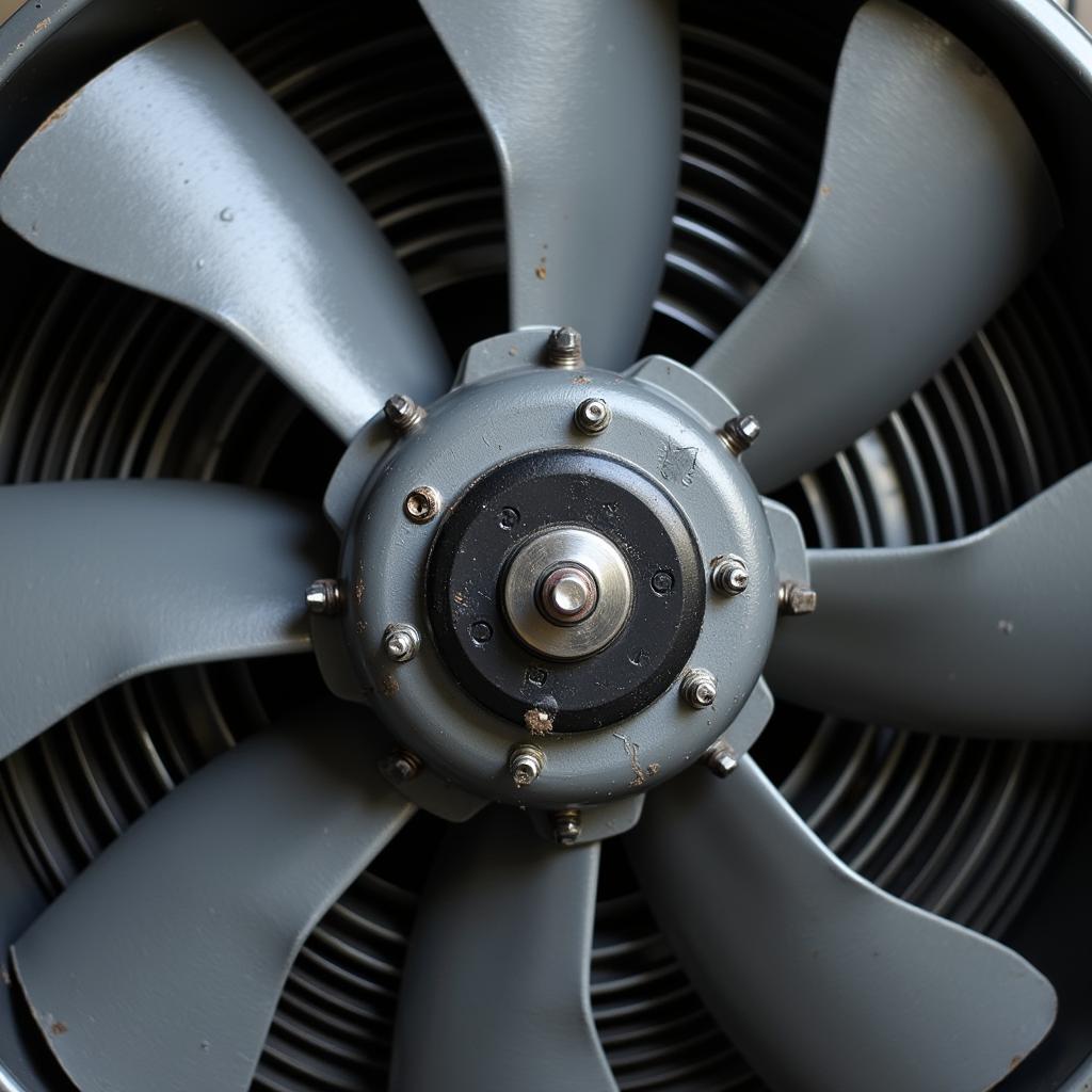 Close-up view of a compressor fan, showing its blades and motor.