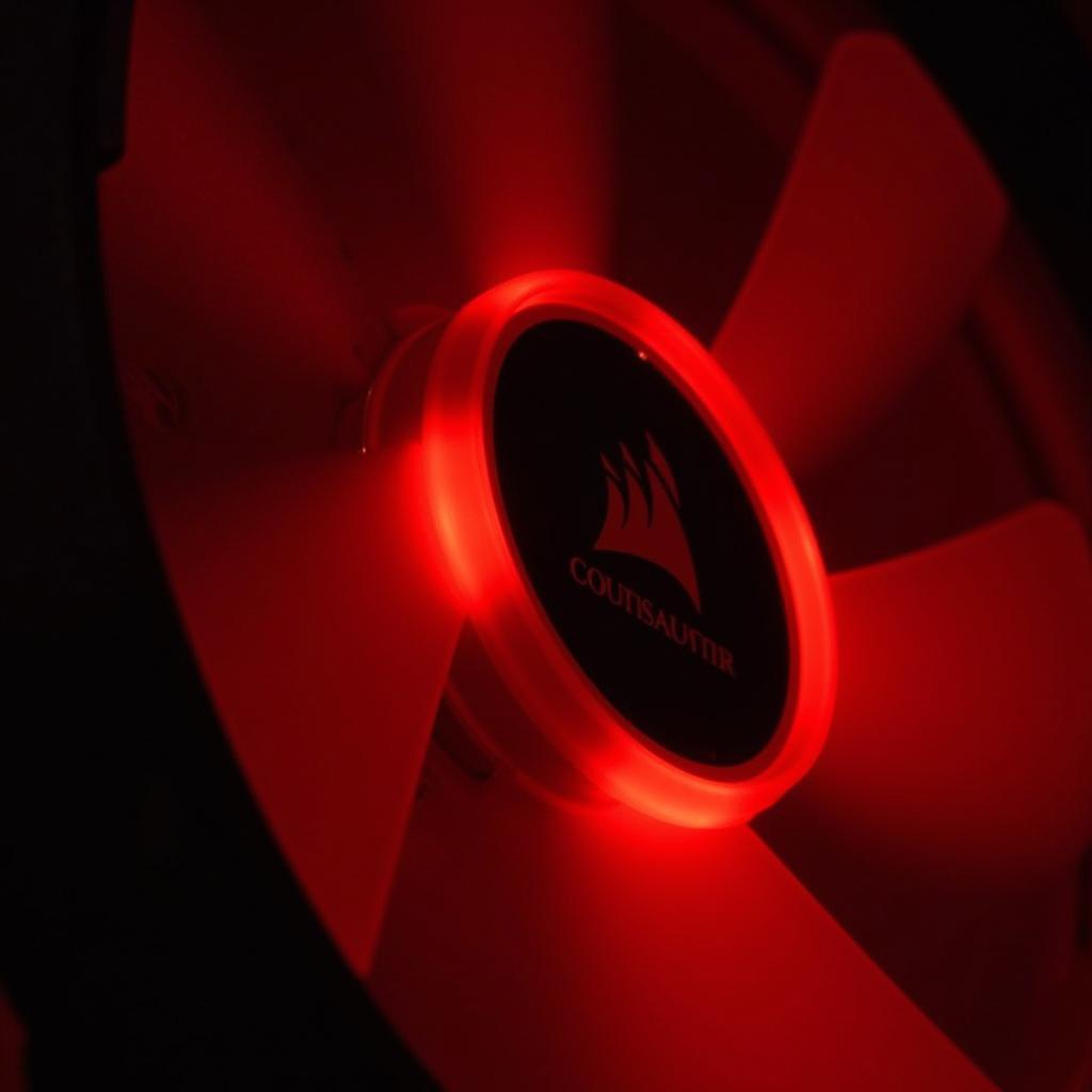 Close-up view of a Corsair AF120 LED Red fan showing its design and LED lighting.