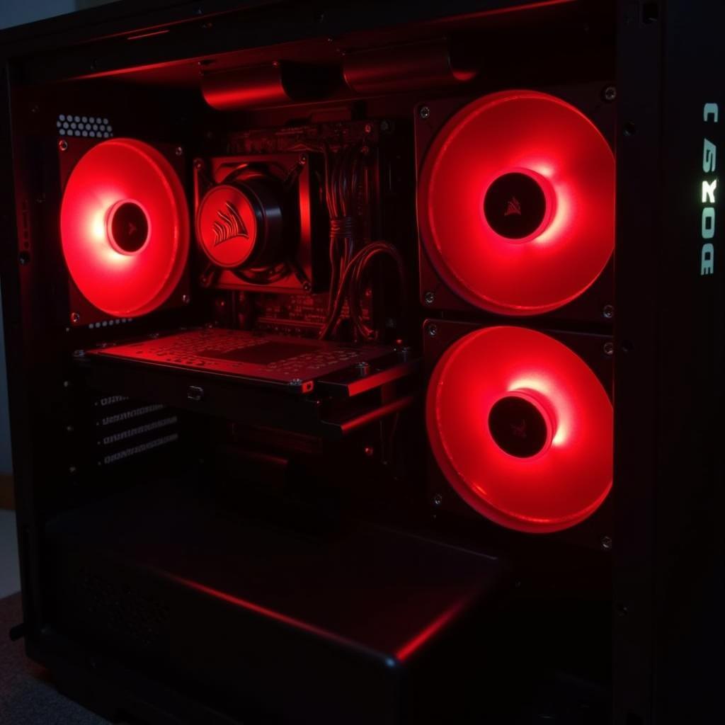 Corsair AF120 LED Red fan installed in a PC case, showcasing its lighting and overall effect.