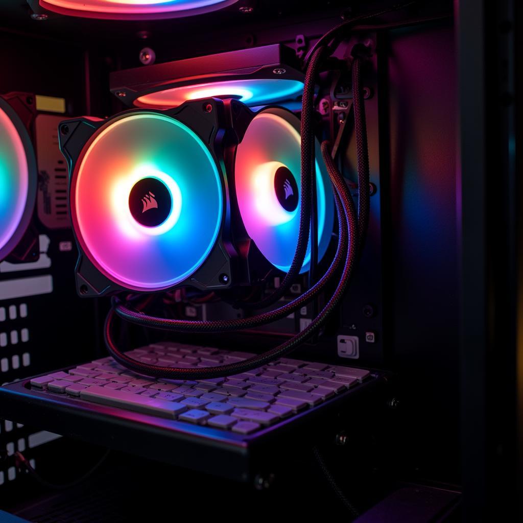 Corsair fans installed in a PC case, illuminated with RGB lighting