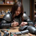 Cosplayer crafting intricate armor details