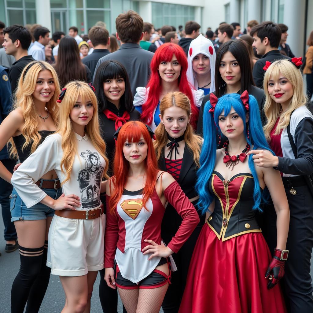 Group of cosplayers posing for a photo at a convention