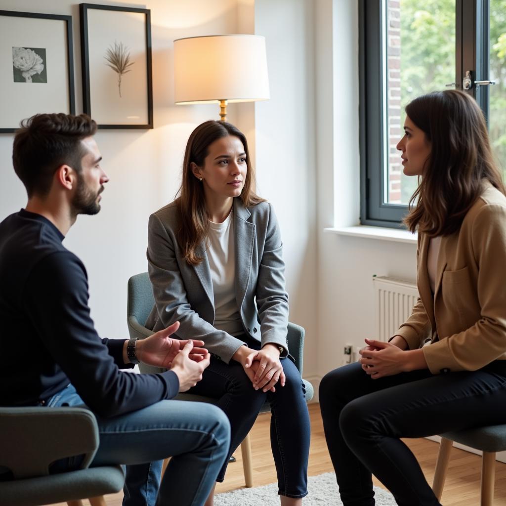 Couple in therapy discussing their differences, symbolizing the challenges of a relationship with opposing views