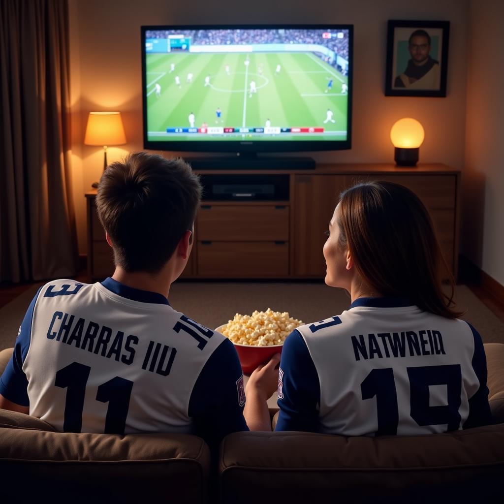 Couple wearing their team's jerseys while watching a football game together at home