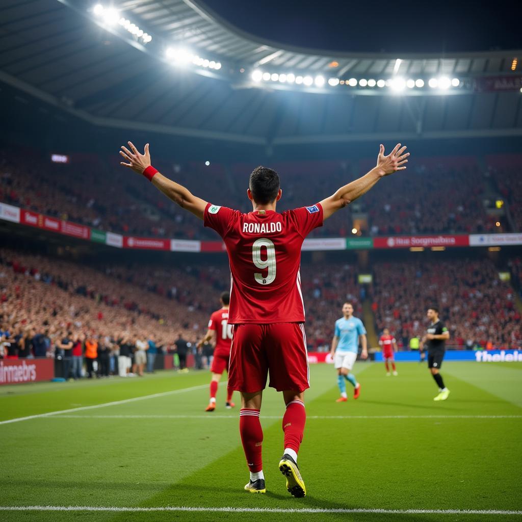 Cristiano Ronaldo celebrating a goal with fans cheering in the background