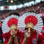 Japanese football fans with crossed transparent Hinomaru flags