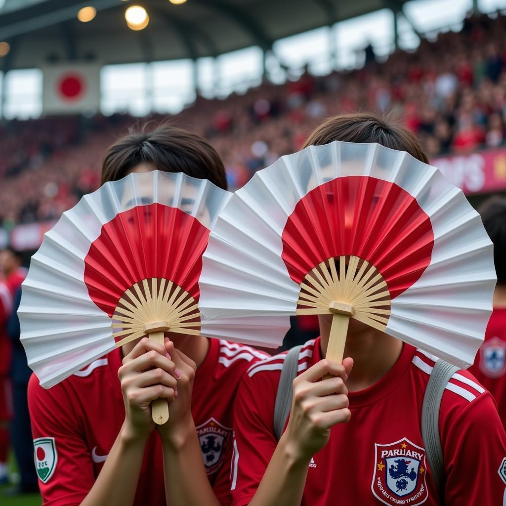 Japanese football fans with crossed transparent Hinomaru flags