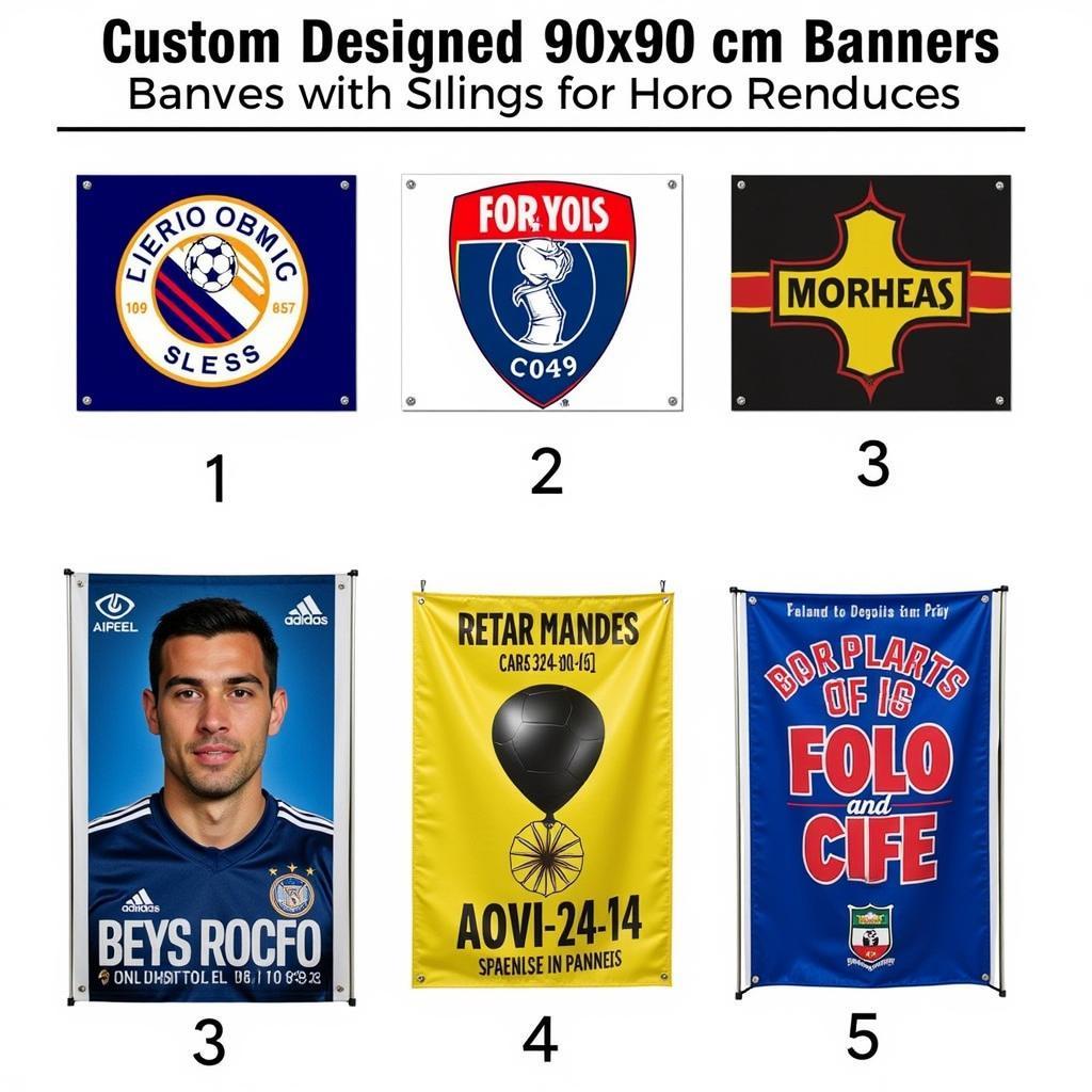 Examples of custom-designed 90x90cm soccer fan banners showcasing different team logos, player images, and creative slogans.