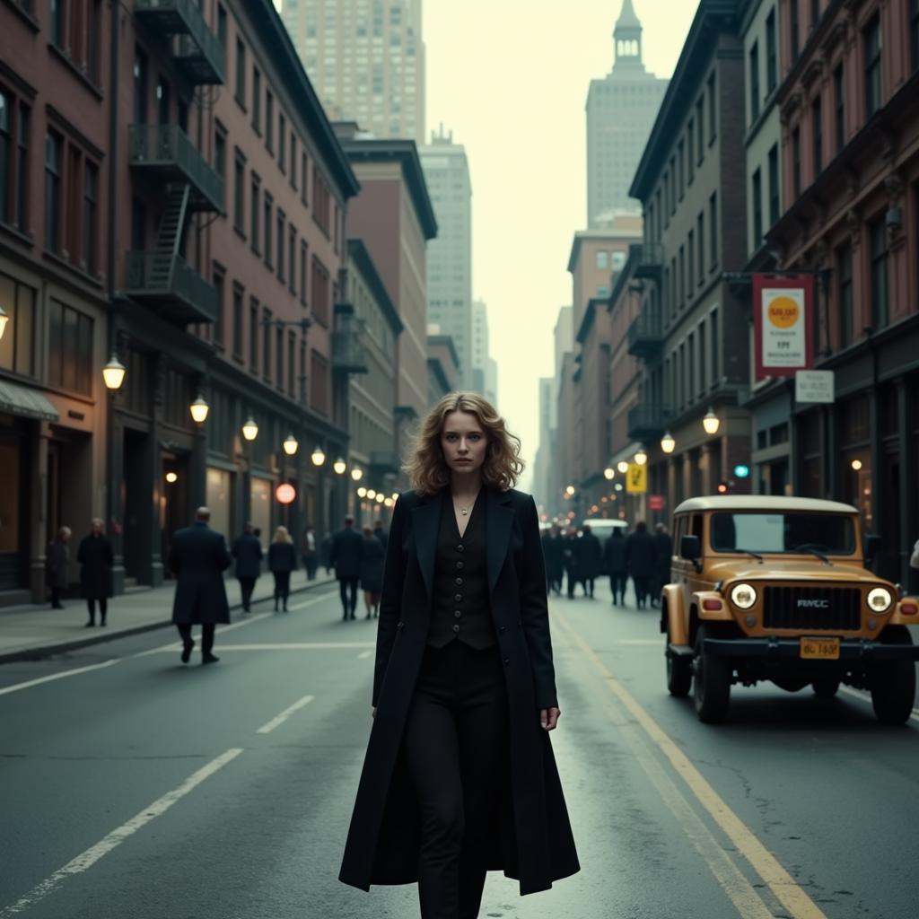 Dakota Fanning in The Alienist - New York City backdrop