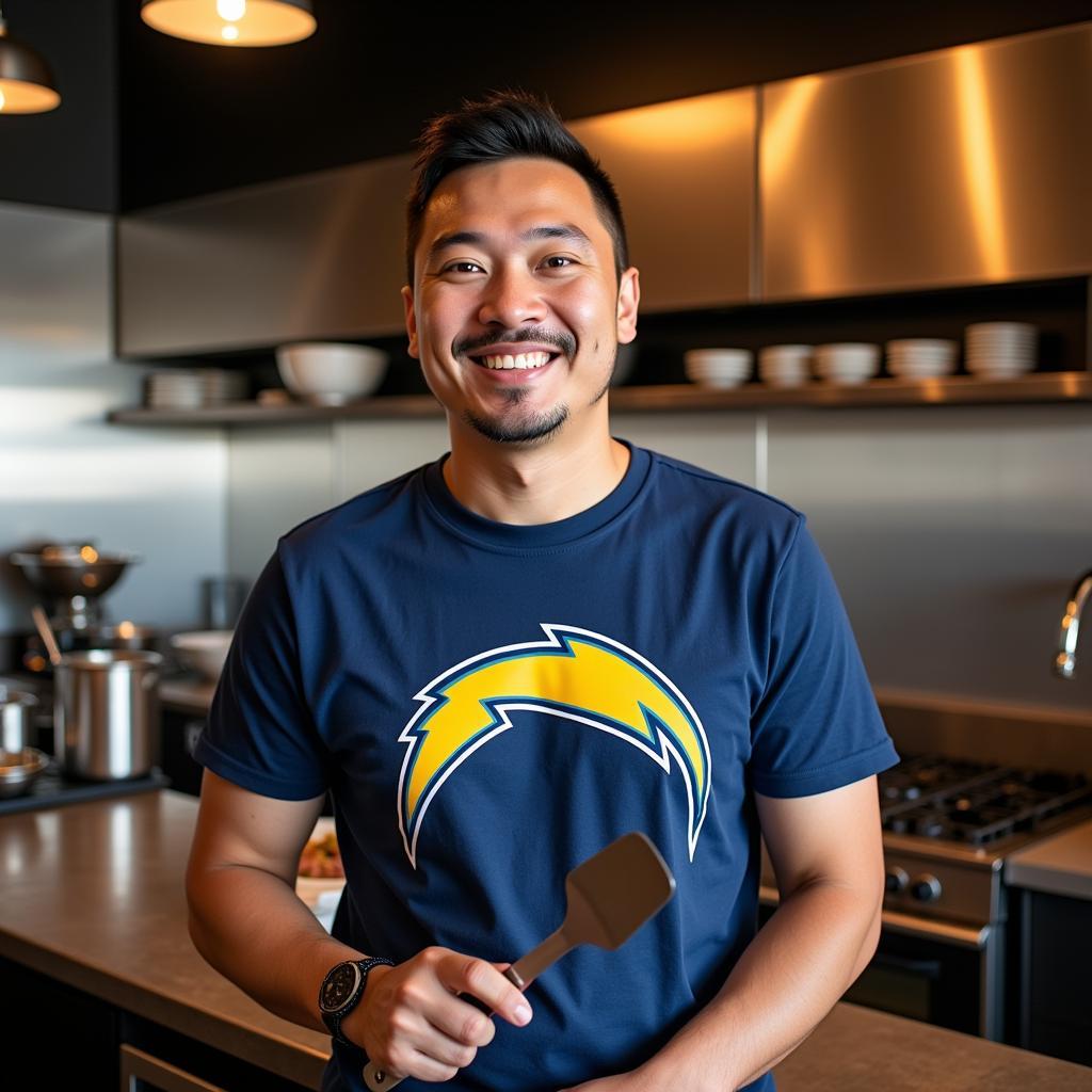 David Chang wearing a Chargers t-shirt