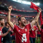 A cheering football fan in the stadium