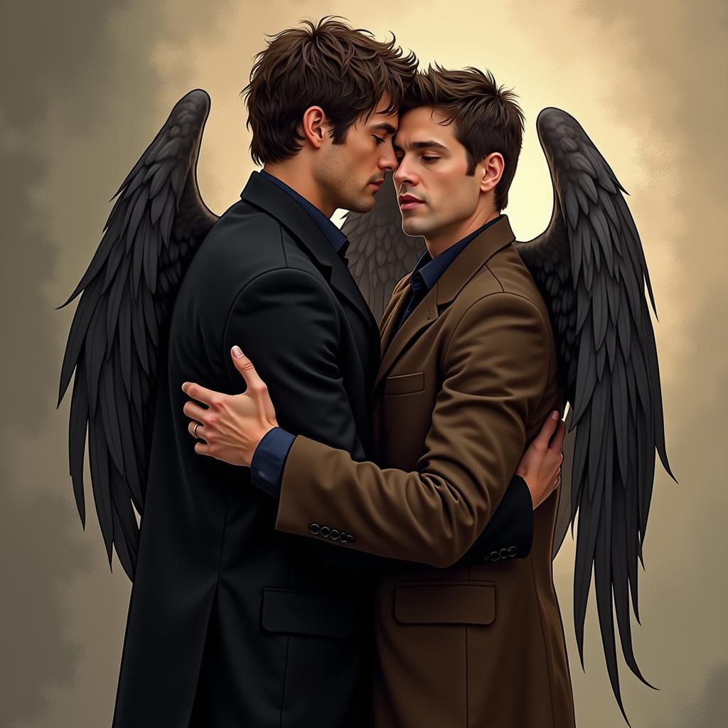 Dean and Castiel embracing in a comforting hug.