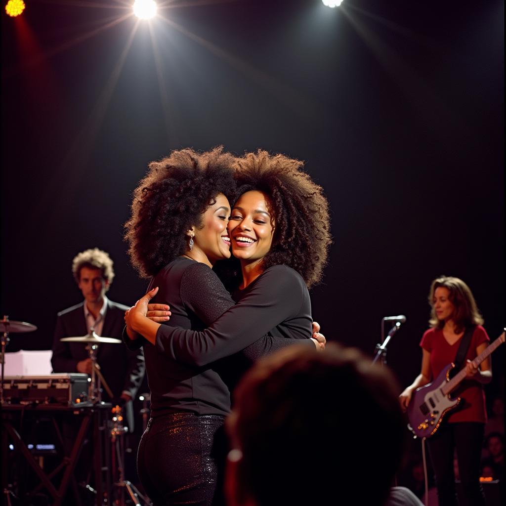 Diana Ross hugging a fan onstage during a concert