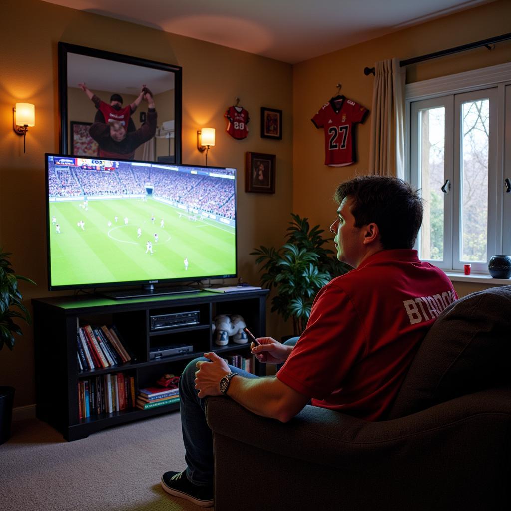 A die-hard fan watching a game at home