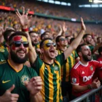 Die-hard football fans cheering in the stadium