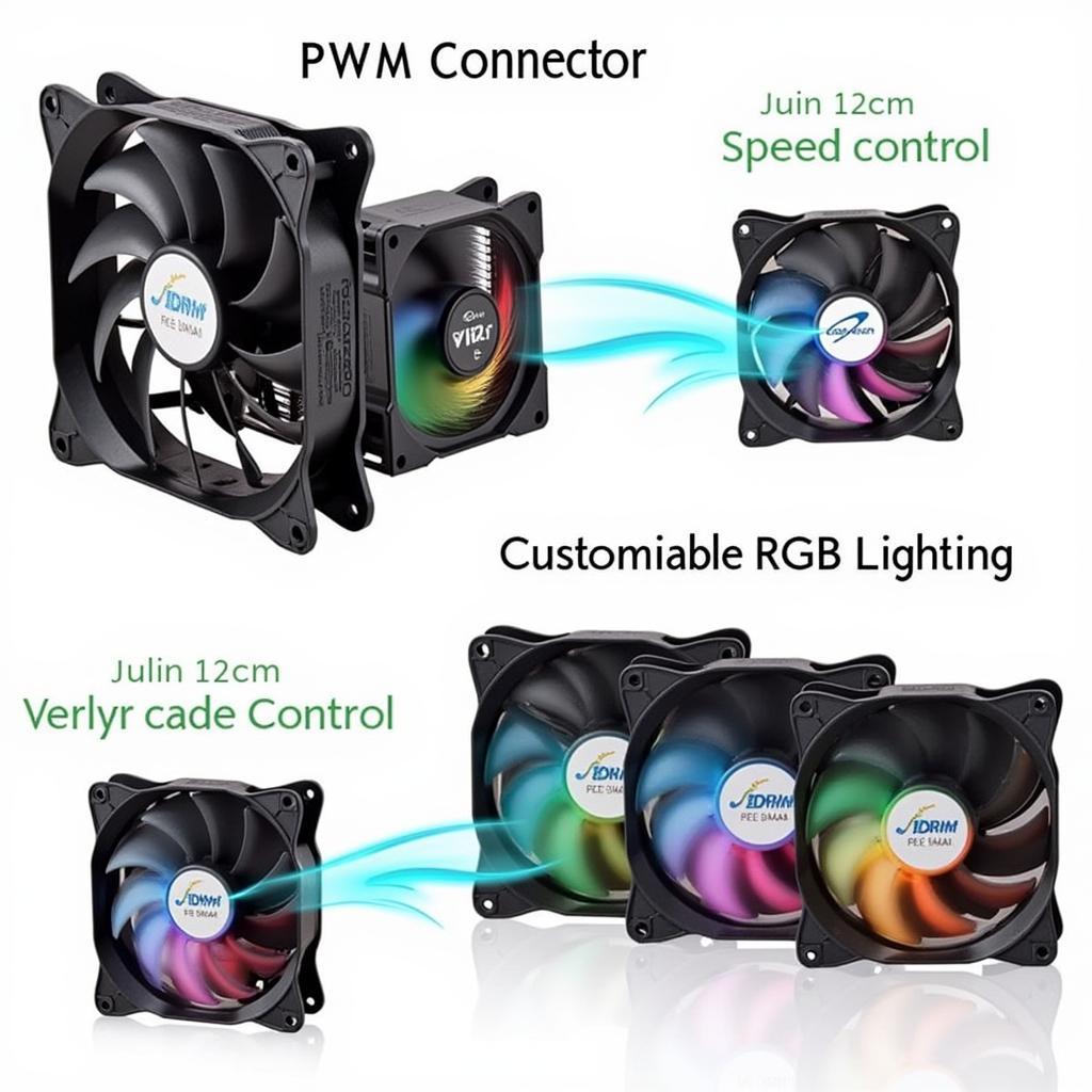 Various types of 12cm fans, showcasing PWM control and RGB lighting.