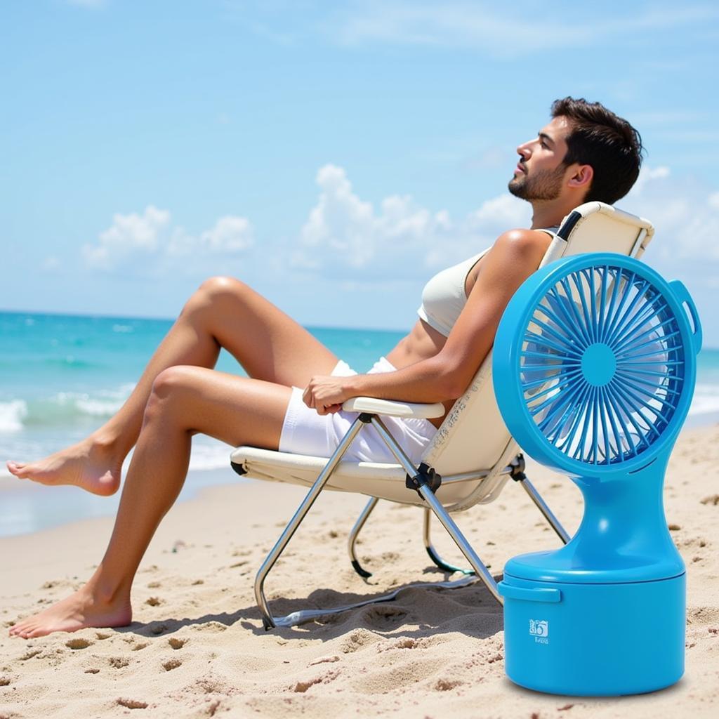 Using a dolphin cooler fan at the beach.