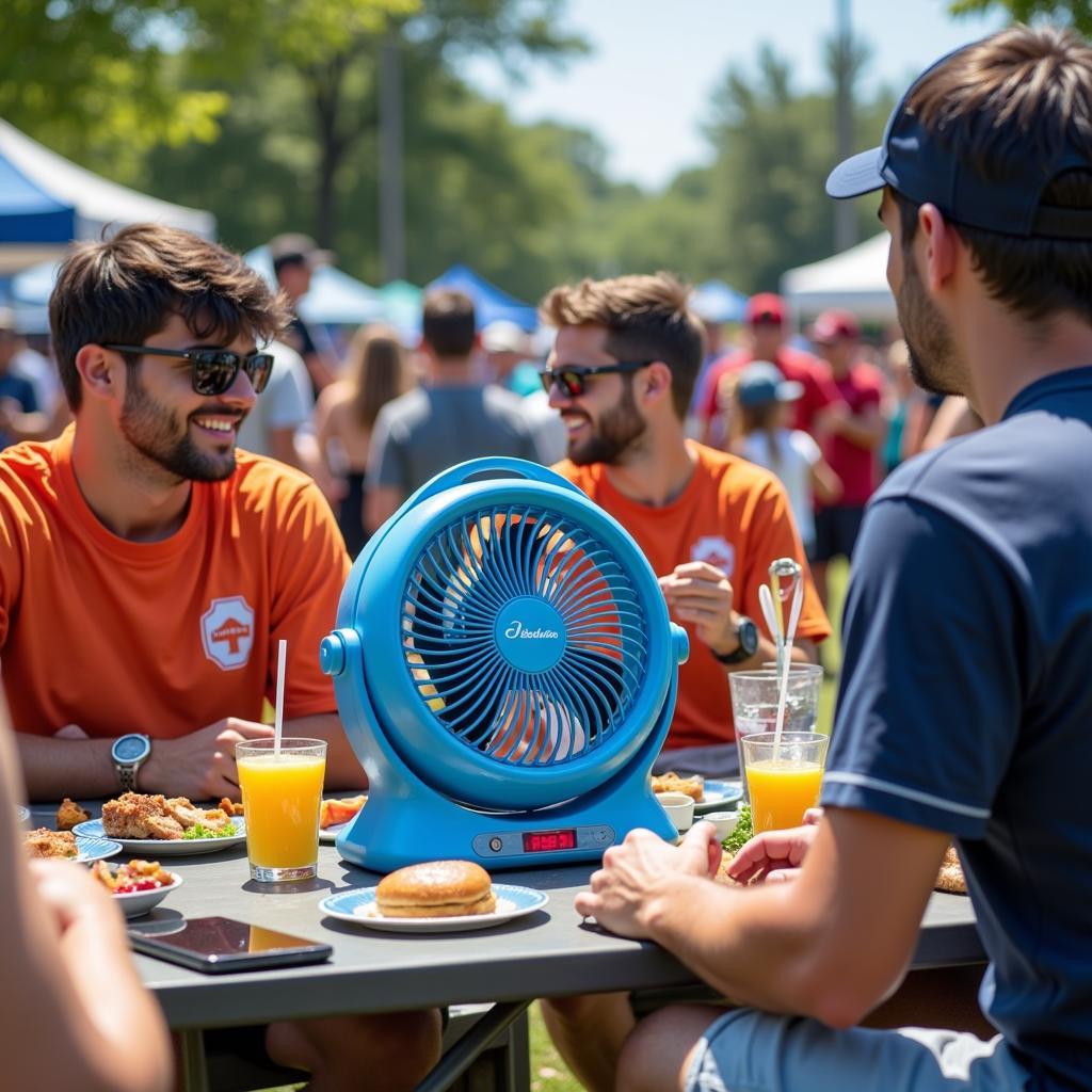 Dolphin cooler fan in action at a tailgate party