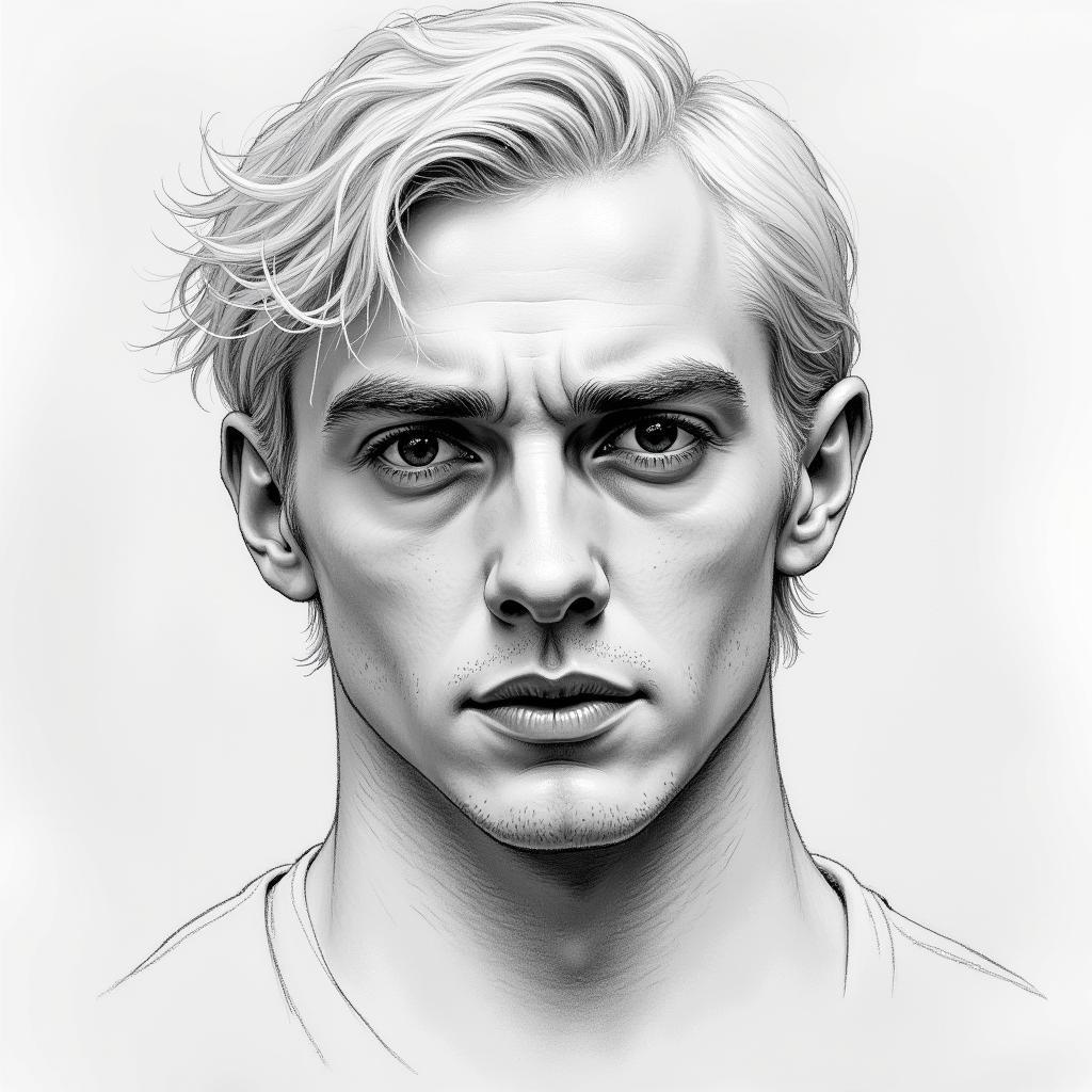 A pencil sketch portrait of Draco Malfoy, highlighting his youthful features and vulnerability.