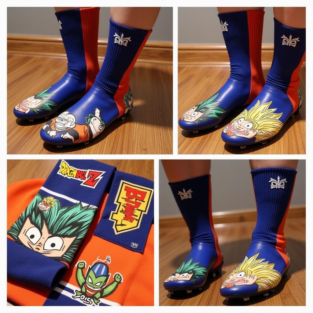 Football gear with Dragon Ball Z themes, including jerseys, boots, and scarves.