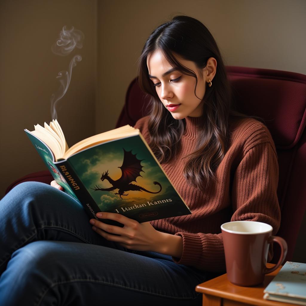 Dragon Fan Girl Reading a Fantasy Novel