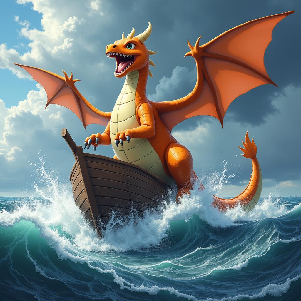 Dragonite rescuing a ship from a storm