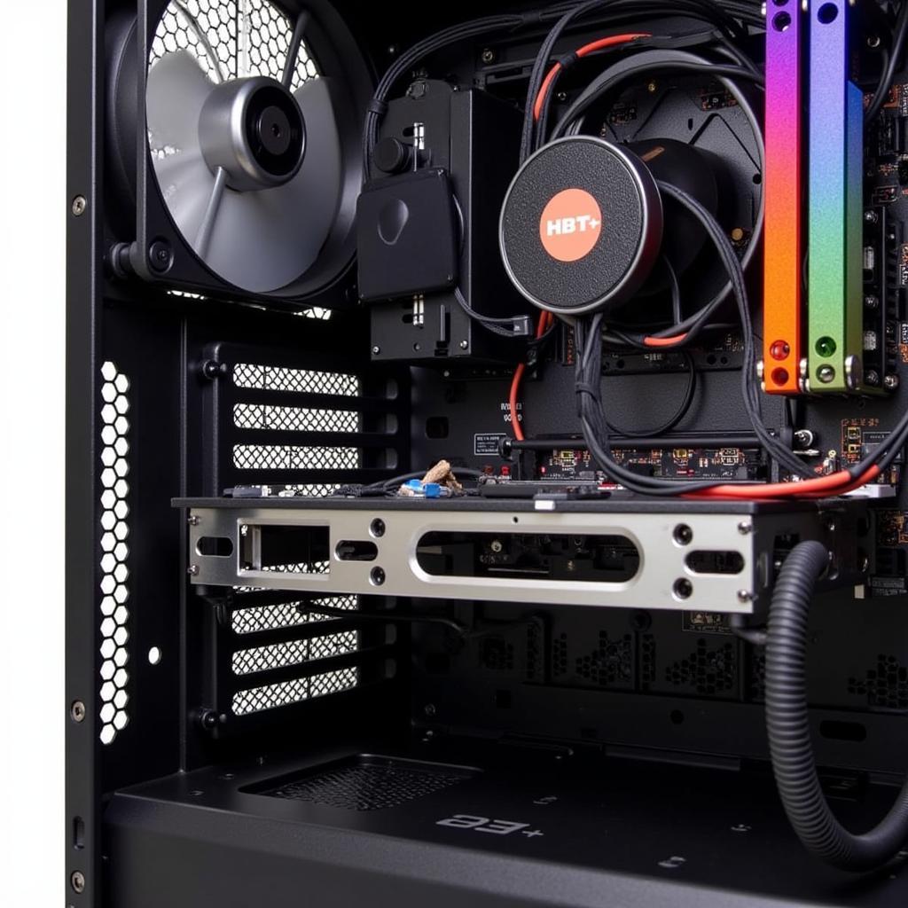 Dual fan setup featuring an HBT+ and 12cm Axe fan within a PC case, demonstrating their placement and configuration for optimal cooling