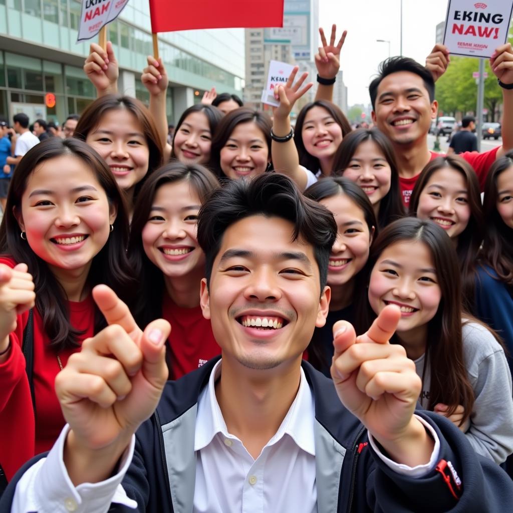 Duong Duong poses with a group of excited fans