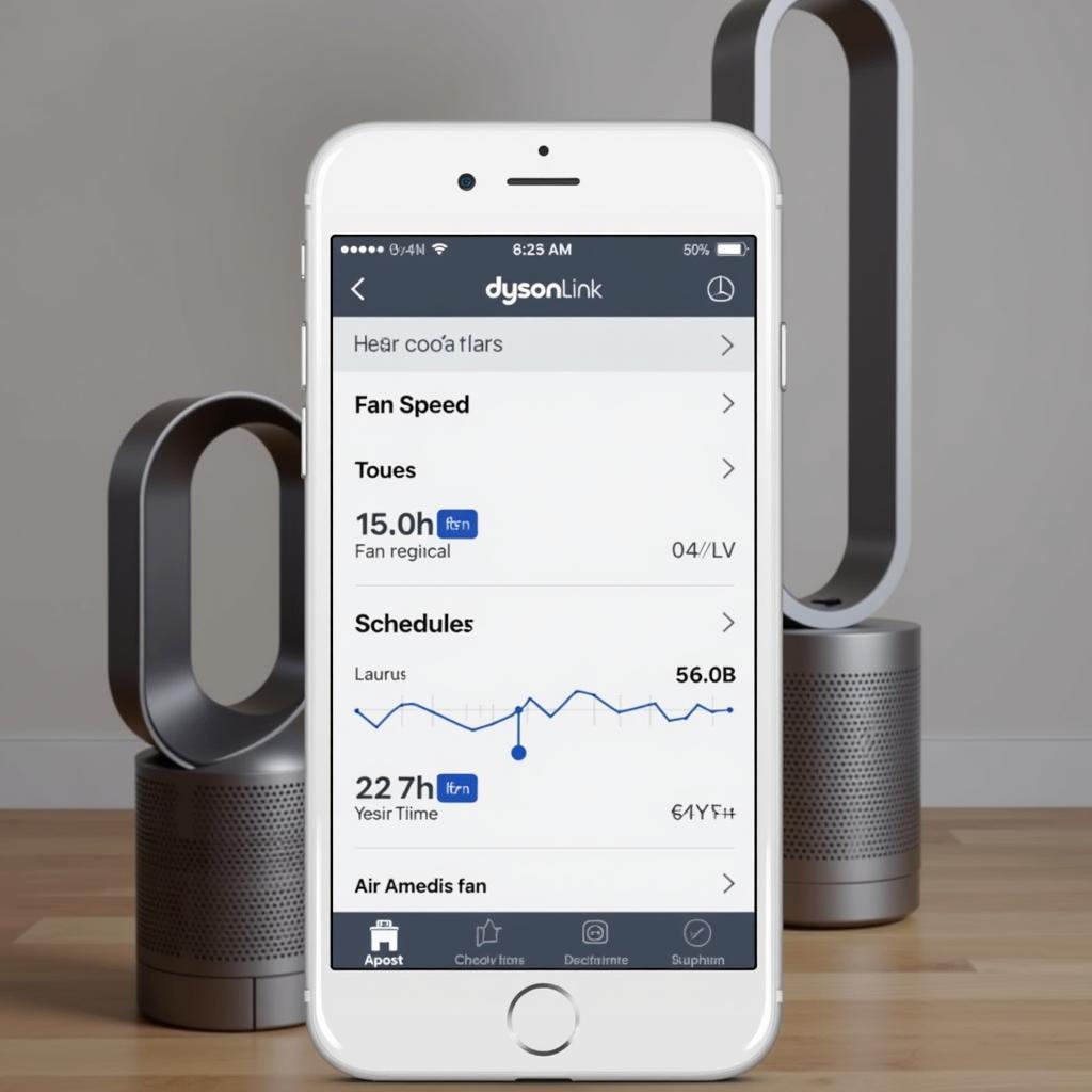 A smartphone displaying the Dyson Link app interface, used to control the Dyson Pure Cool Link air purifier and fan. The app shows real-time air quality data and allows for remote control of the device.