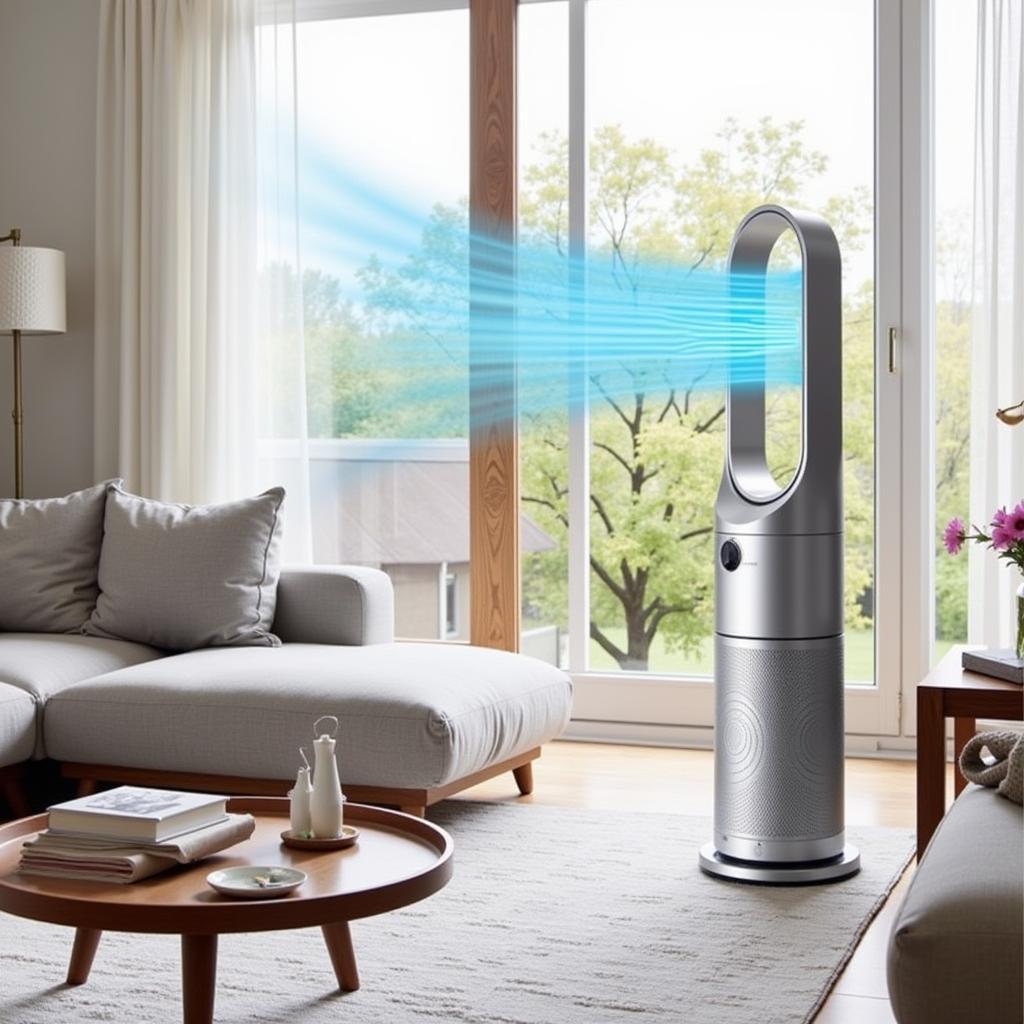 Dyson Pure Cool Link air purifier and fan operating in a modern living room, effectively circulating and purifying the air.