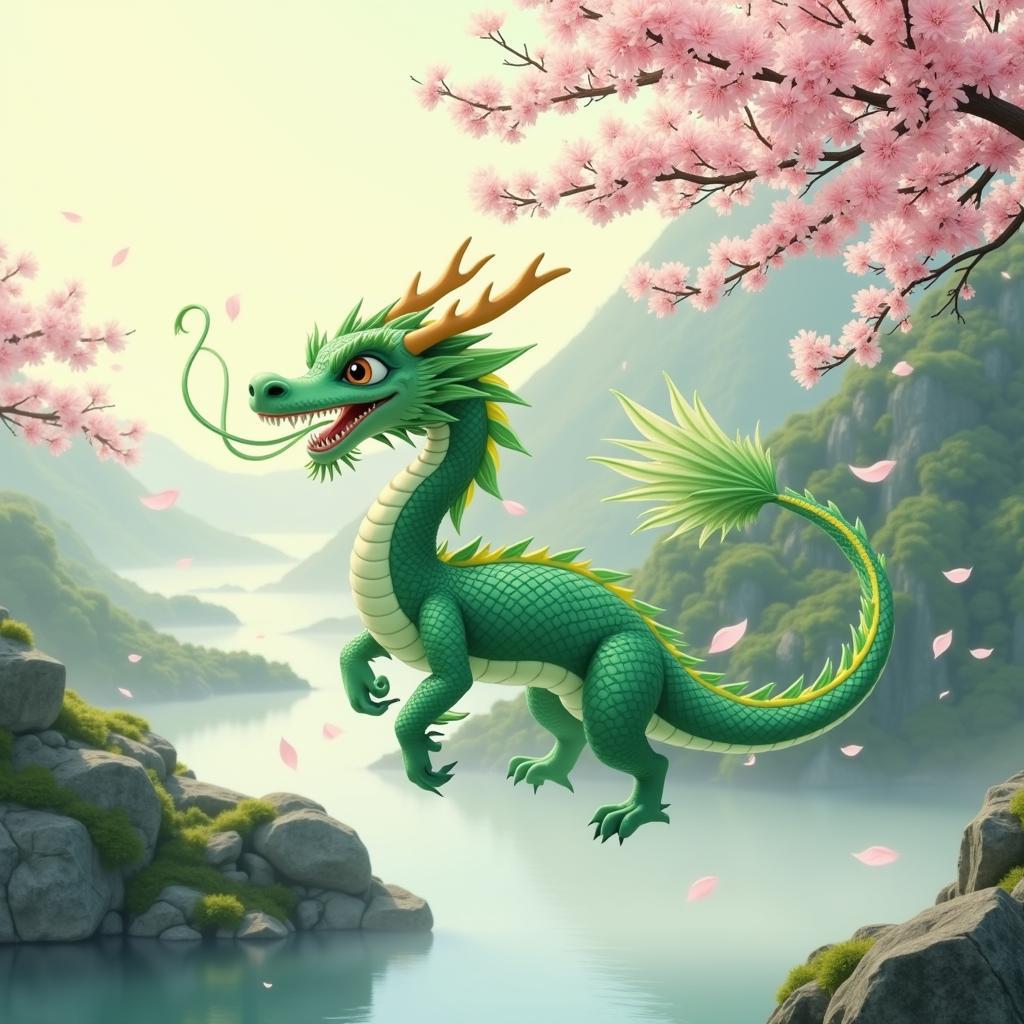 Eastern Dragon Fan Art Wallpaper: A serene landscape featuring a long, serpentine dragon flying gracefully amidst cherry blossoms and misty mountains.