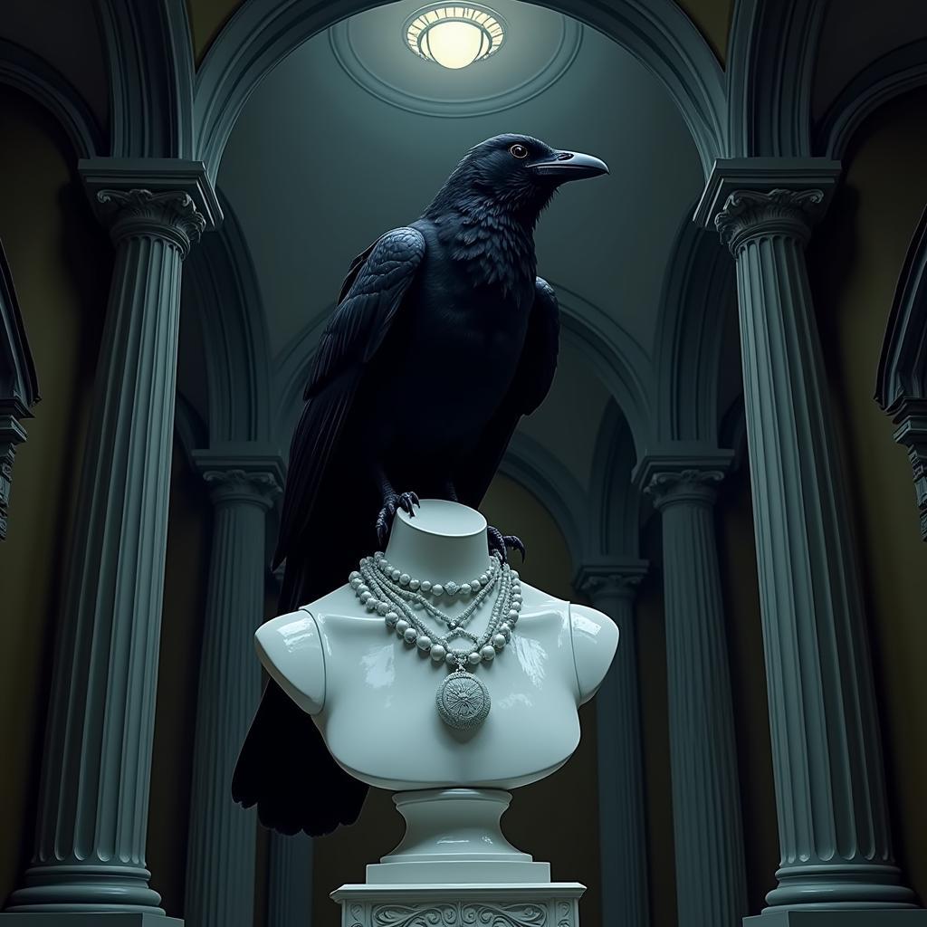 Dark Illustration of a Raven Perched on a Bust of Pallas