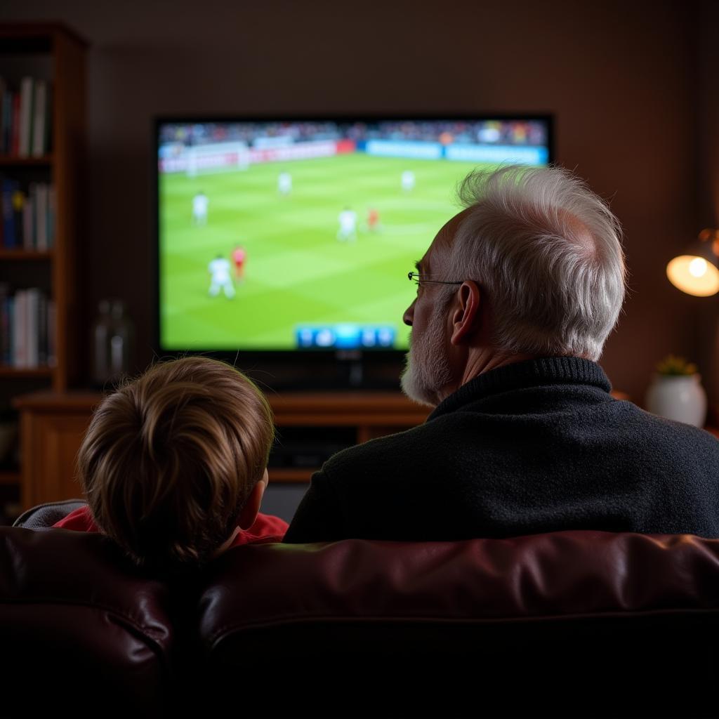 Elderly Fan Watching Football with Grandson