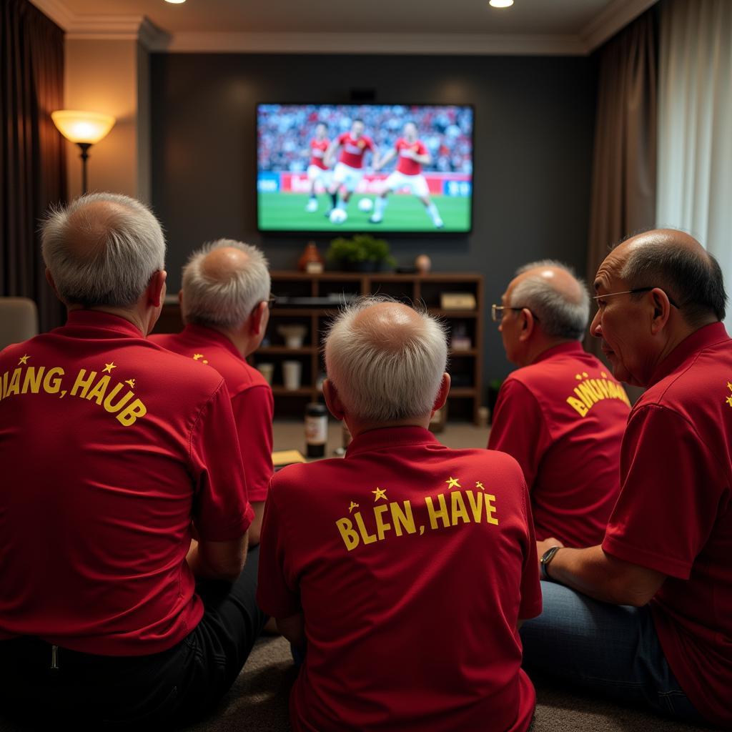 Elderly Vietnamese Manchester United fans watching a match together