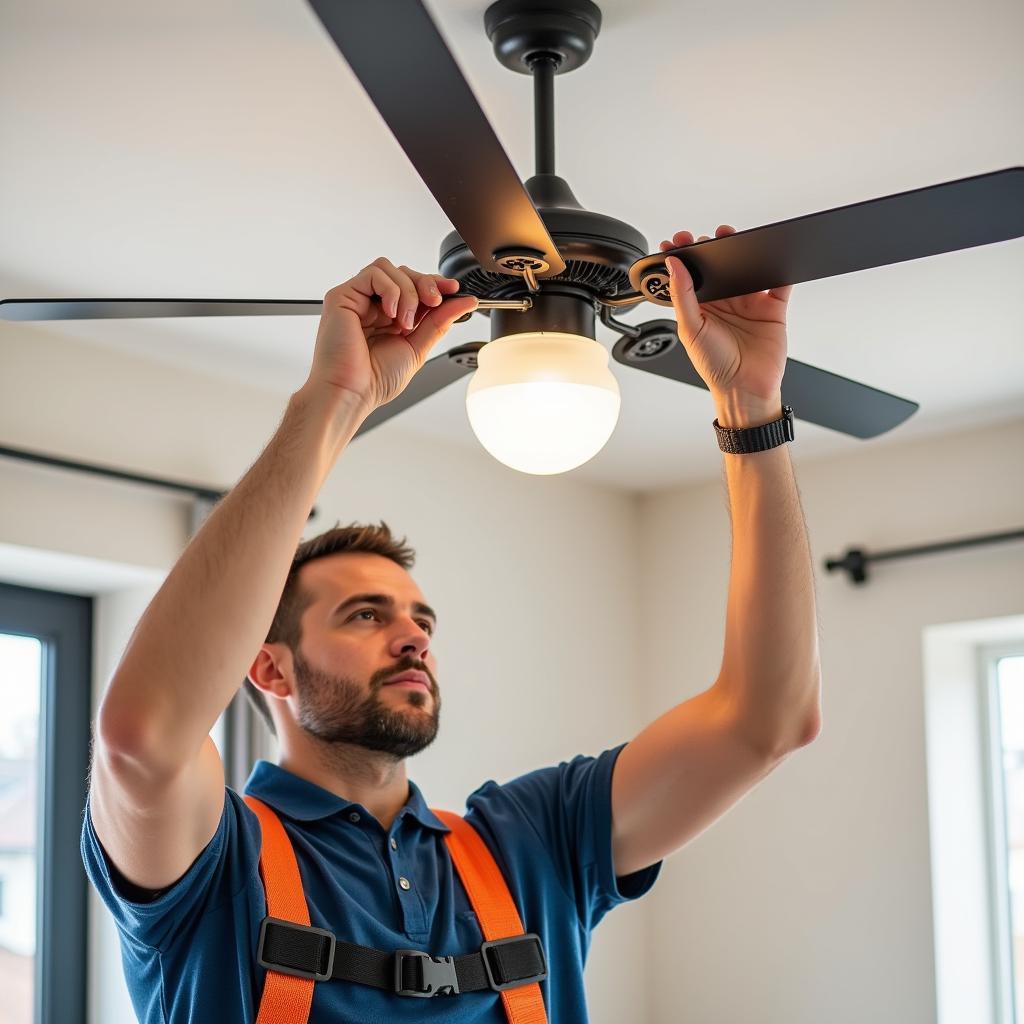 Electrician Repairing a Ceiling Fan