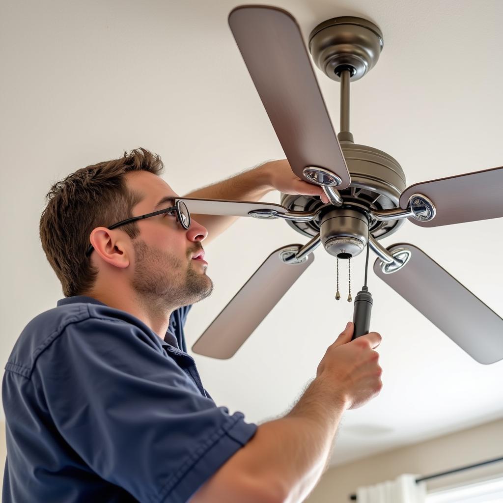 Electrician Inspecting Ceiling Fan Wiring for Safety and Functionality