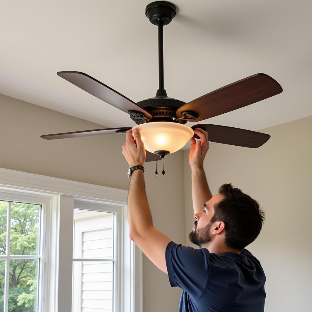 Electrician Installing a Ceiling Fan in a San Antonio Home