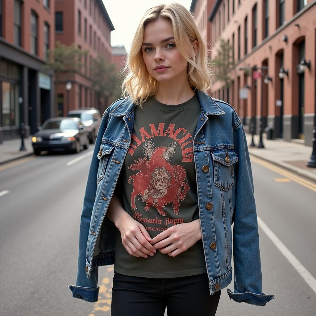 Elle Fanning wearing a graphic t-shirt.