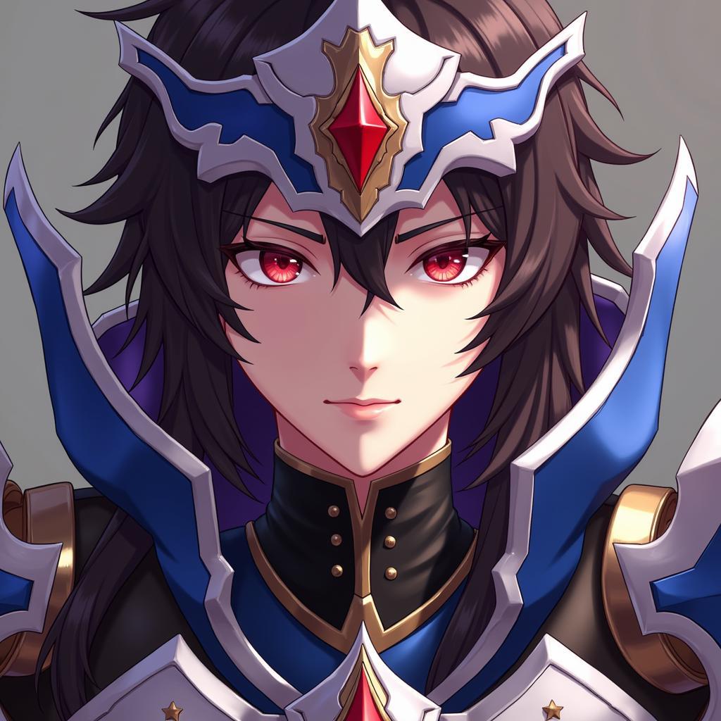 A detailed portrait of Elsword Dominator, highlighting his facial features and intricate armor design.