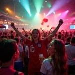 Fans celebrating in a vibrant Euro 2020 fan zone.