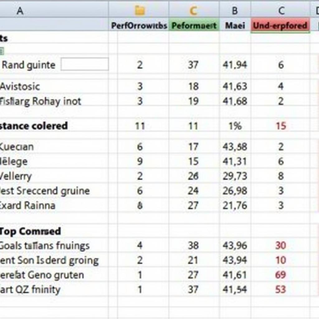 Excel Spreadsheet Showing Football Player Statistics