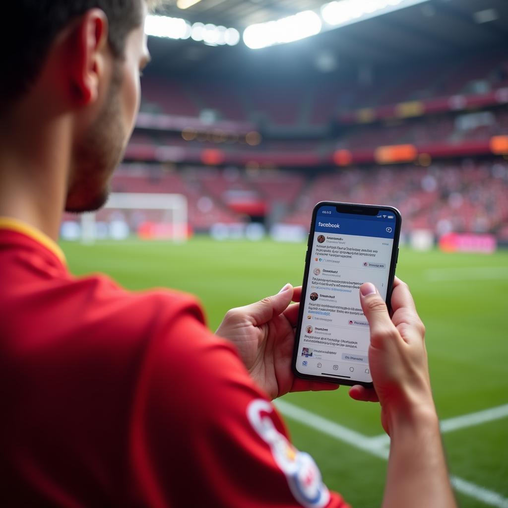 A football fan wearing their team's jersey while checking their Facebook feed on their phone.