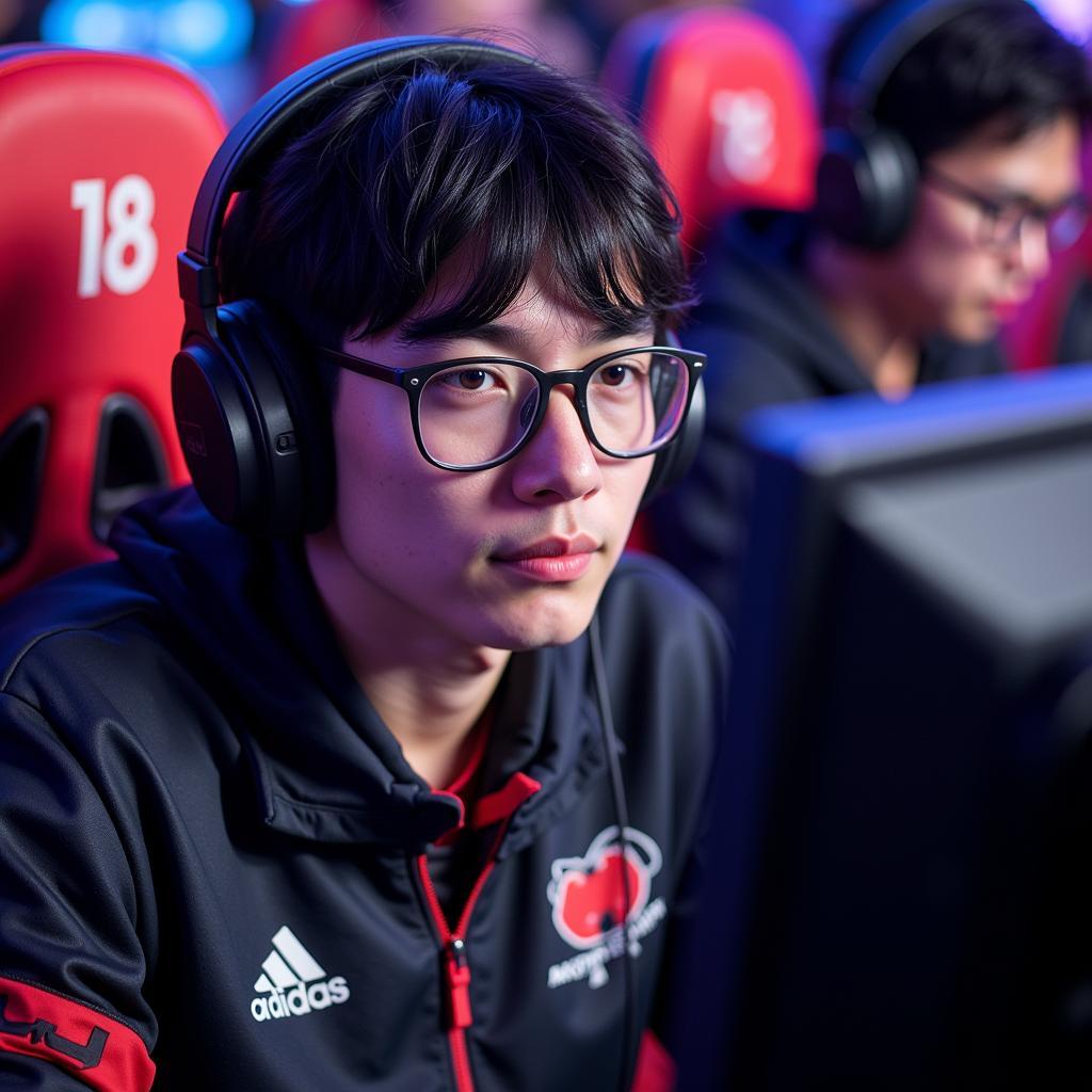 Faker intensely focused during a League of Legends match.