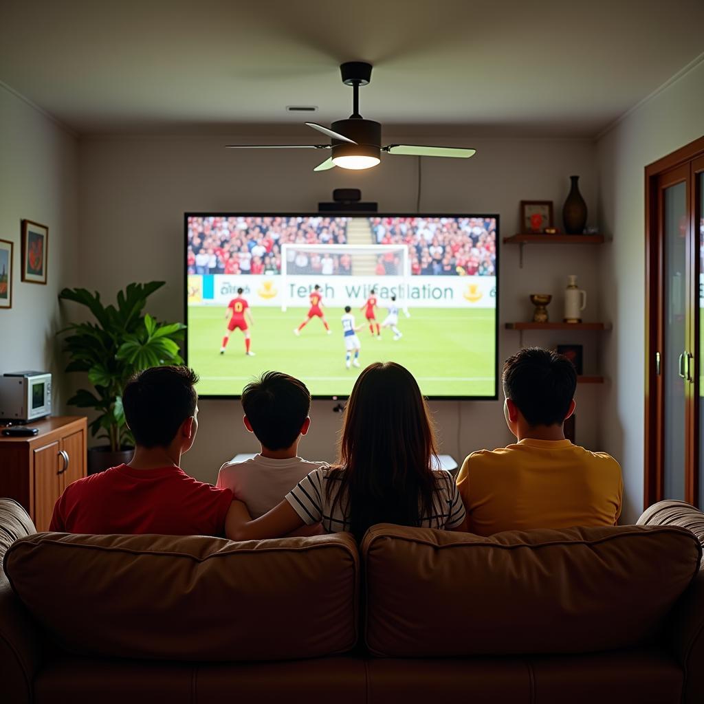 A Vietnamese family comfortably watching a football match at home with a fan system