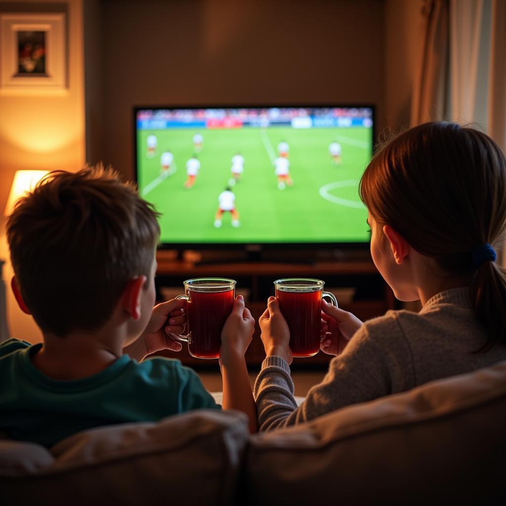 Family Watching Football with Tea at Home