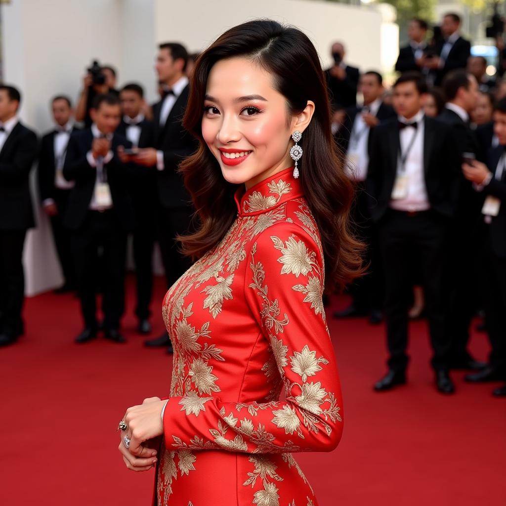 Fan Bing Bing in a red cheongsam at Cannes Film Festival